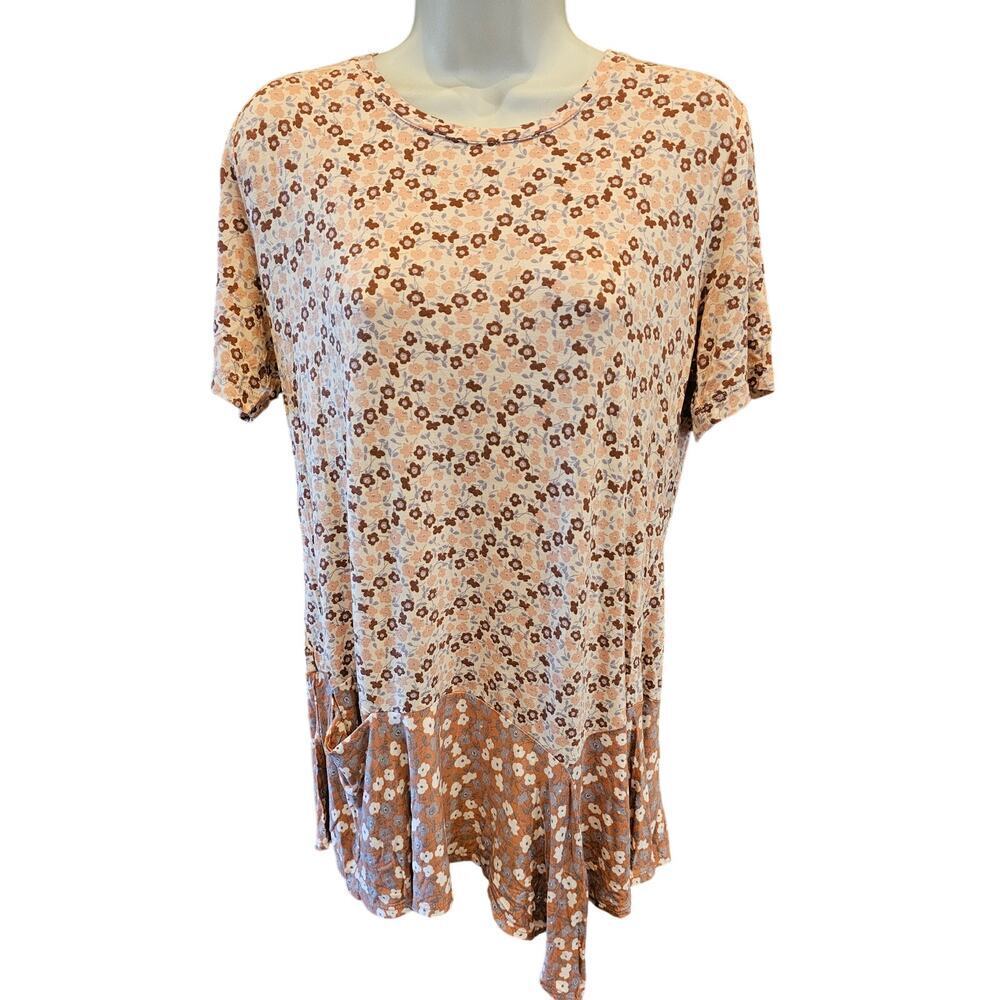 LOGO pink floral cottagecore pink pocket stretch asymmetrical hem raglan S EUC
